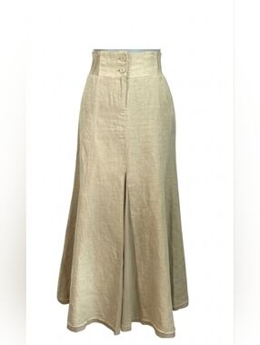 CAbi 100% Linen High-Waist A-Line Skirt in Light Beige Natural Lined.